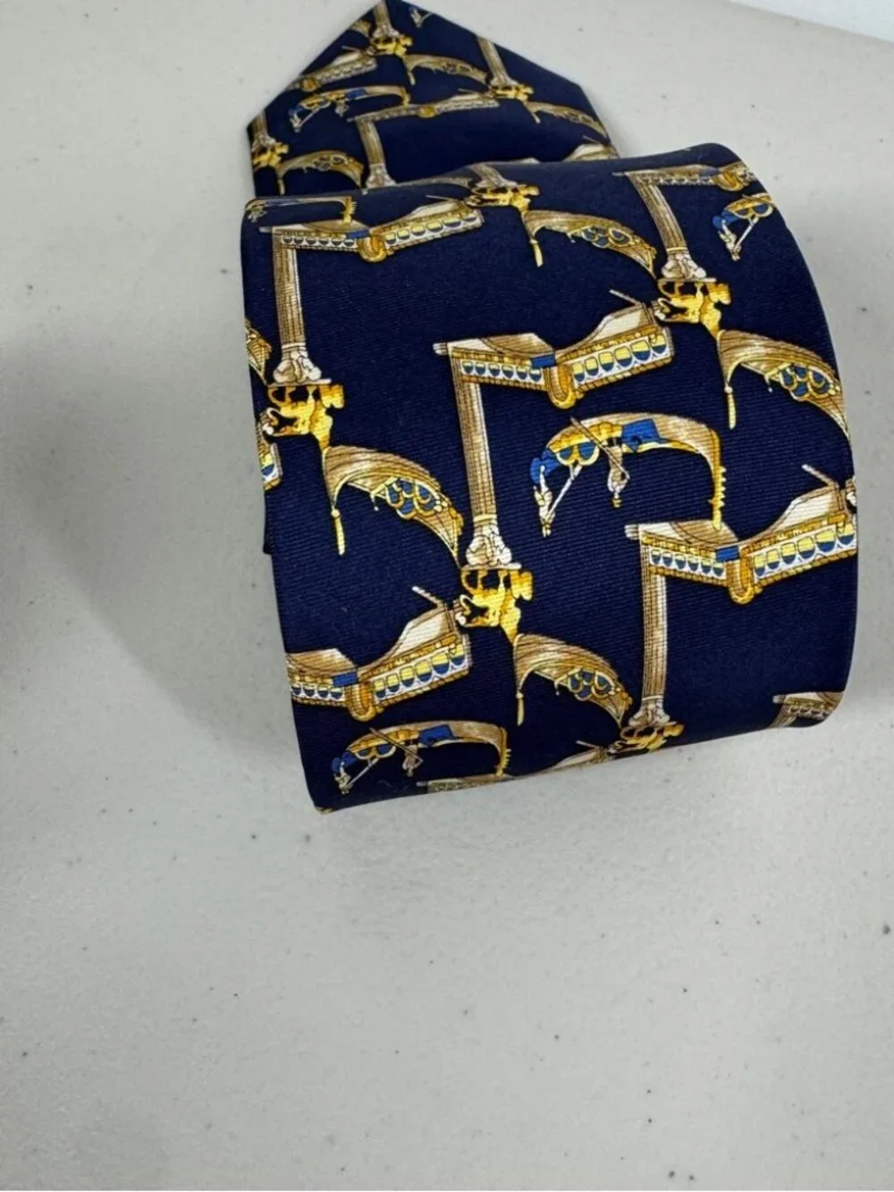 Trevisan Venezia Silk Elegant Navy and Gold Mens Tie Gondola Print Made in Italy